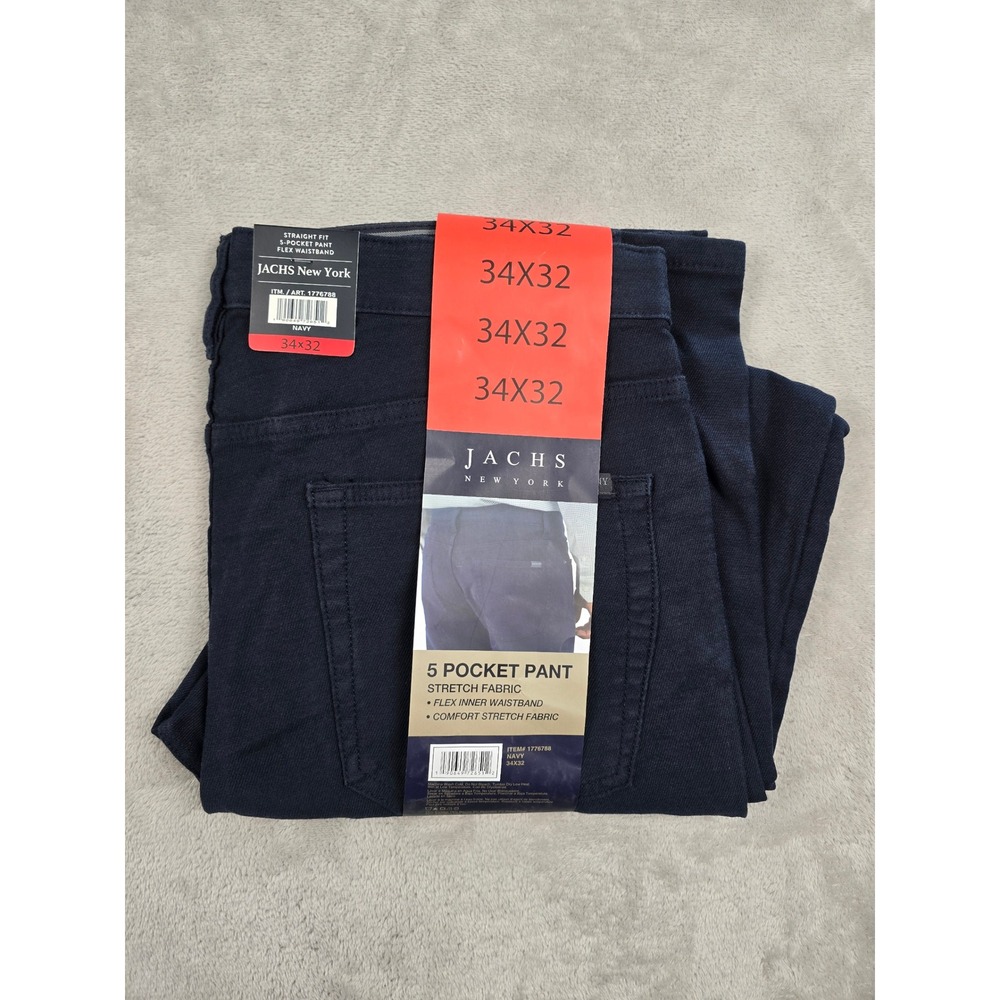 Jachs New York 5 Pocket Pant Mens 34x32 Navy Straight Fit Flex Waistband Stretch